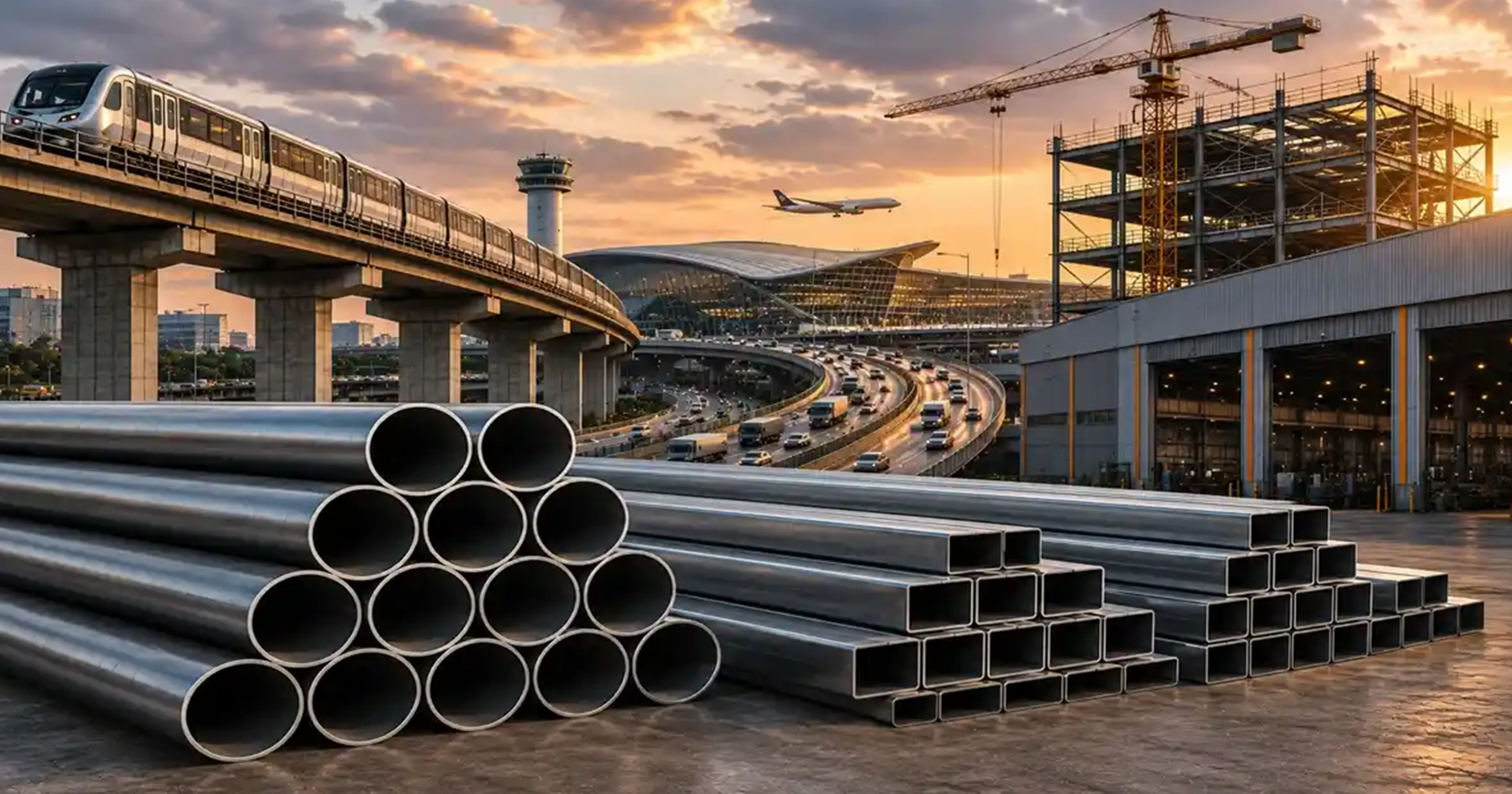 ERW steel pipes supporting modern infrastructure projects including metro, airport, highways and industrial construction