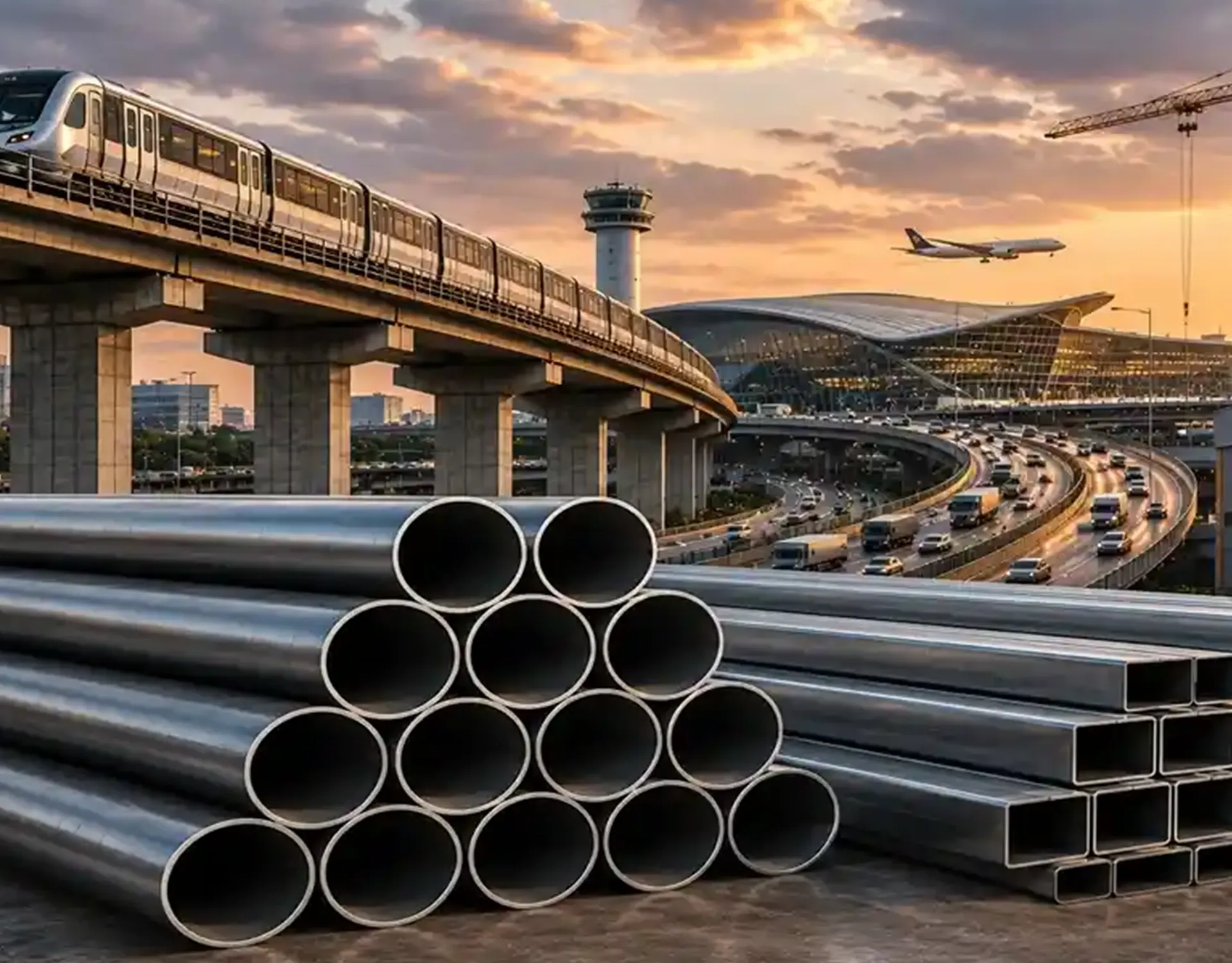 ERW steel pipes supporting modern infrastructure projects including metro, airport, highways and industrial construction